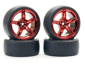 FASTRAX 1/10 (4) DRIFT D1 TYRE w/3MM 5-SPOKE WHEEL- MET RED