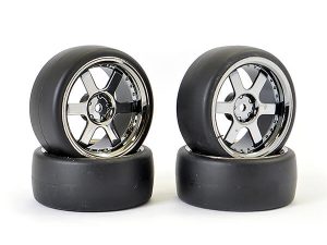 FASTRAX 1/10 (4) DRIFT D1 TYRE w/3MM 6-SPOKE WHEEL- BK CHROME