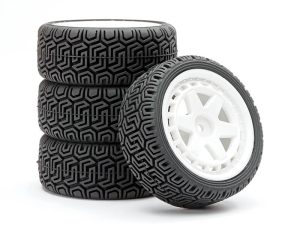 FASTRAX 1/10 'GEOMETRIC' RALLY TYRES/6-SPOKE WHITE WHEELS (4)